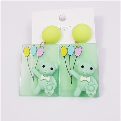 Серьги "Мишка на воздушных шариках", зеленый, 376001, арт. 606.626