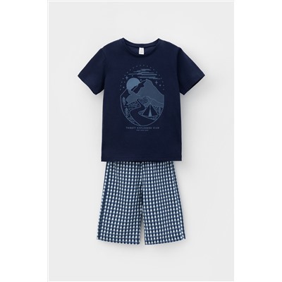 Стильная пижама с принтом для мальчика К 1634/морской синий,маленькая клетка пижама
