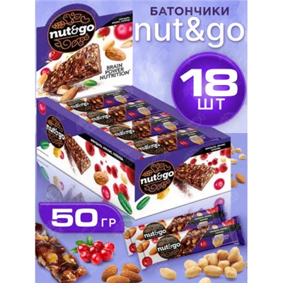 «Nut&Go», батончик Миндаль, арахис, клюква, 50 г (упаковка 18 шт.) KDV