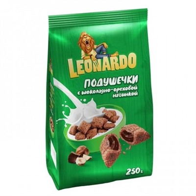 Leonardo готовый завтрак Подушечки с шоколадно-ореховой начинкой 250 г/KDV