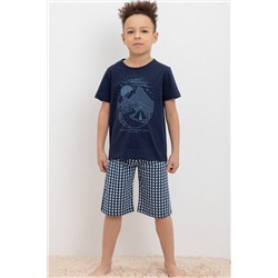 Стильная пижама с принтом для мальчика К 1634/морской синий,маленькая клетка пижама