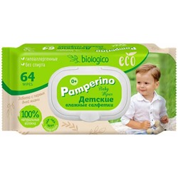 Детские влажные салфетки Pamperino Eco biologico, с пластиковым клапаном, 64 шт