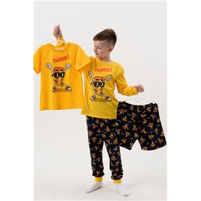 Пижама Пицца детская длинный рукав с брюками (Желтый-т.синий)